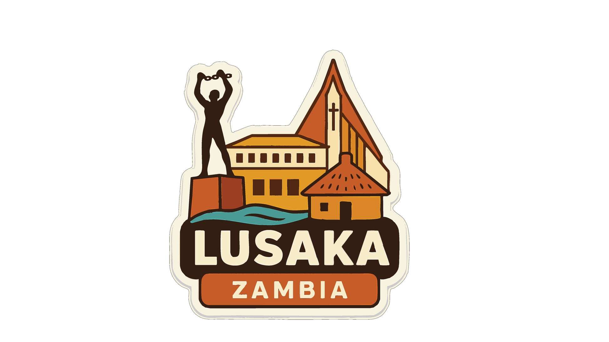a sticker or emblem with a stylized illustration of a building, a person, and a cross, along with the text "LUSAKA ZAMBIA" prominently displayed.
