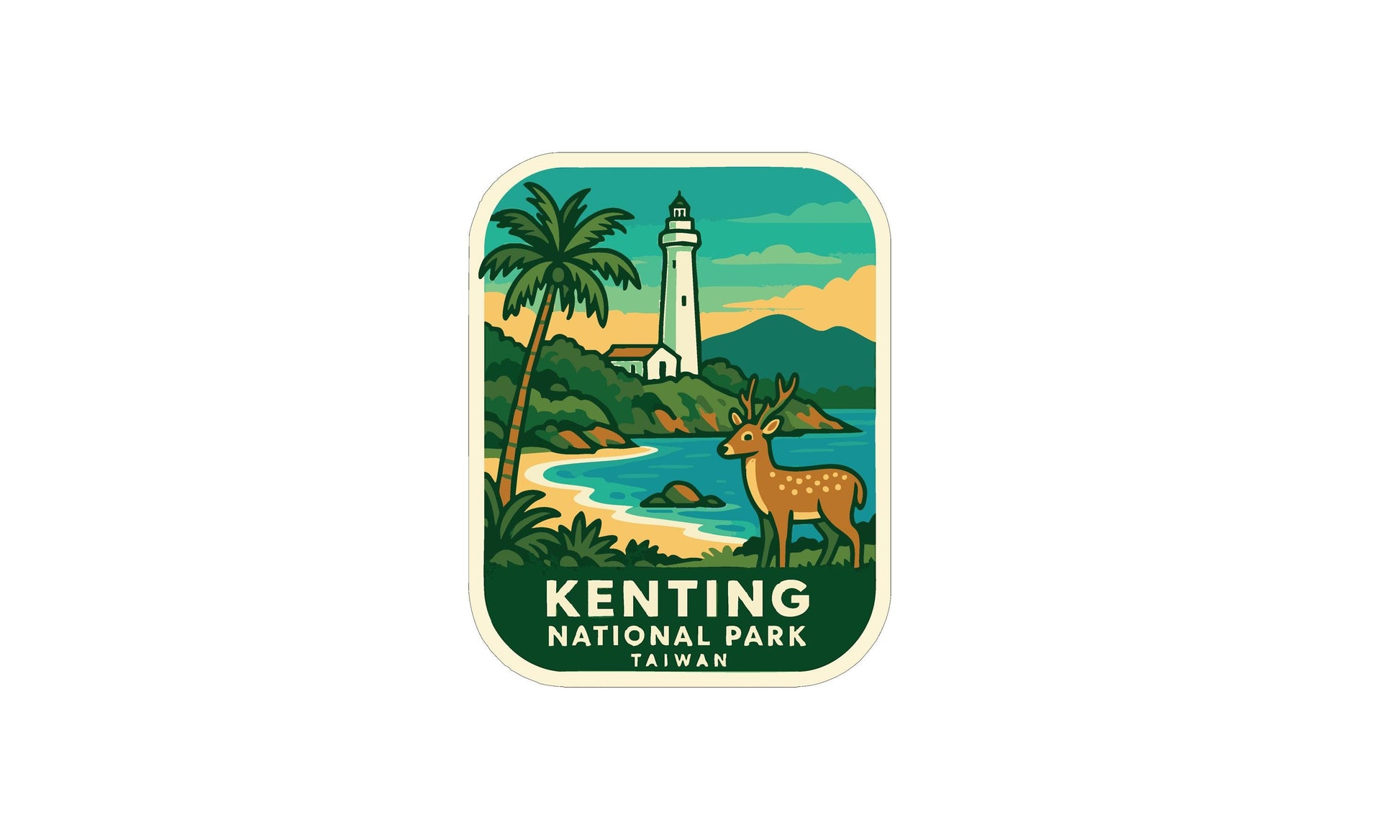 a sticker or label with a scenic illustration of a lighthouse, palm trees, and a deer in the Kenting National Park, Taiwan.