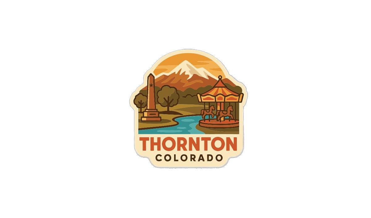 A vintage-style sticker depicting a carousel in front of a mountain range, with the text "THORnton COLORADO" prominently displayed.
