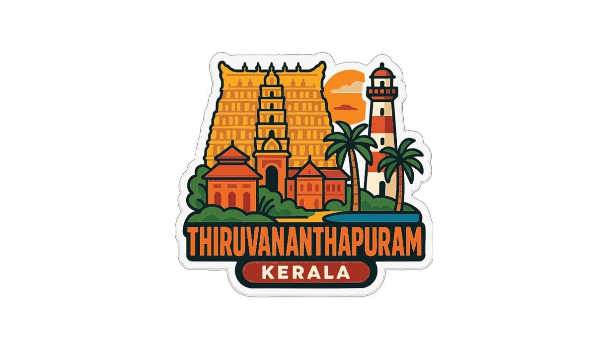 a sticker or illustration of the Thiruvannanthapuram, a famous landmark in Kerala, India. The image showcases the iconic Hindu temple, a lighthouse, and palm trees, all set against a vibrant orange and yellow background. The text "Thiruvannanthapuram" is prominently displayed, indicating the name of the landmark.