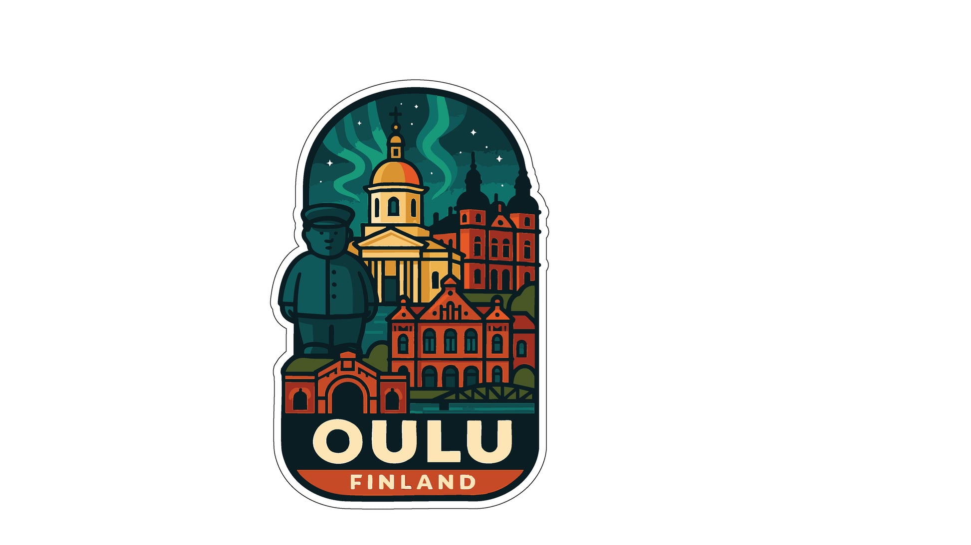 The image is a sticker or illustration featuring the city of Oulu, Finland. It includes various buildings, landmarks, and a person, all depicted in a stylized and colorful manner.