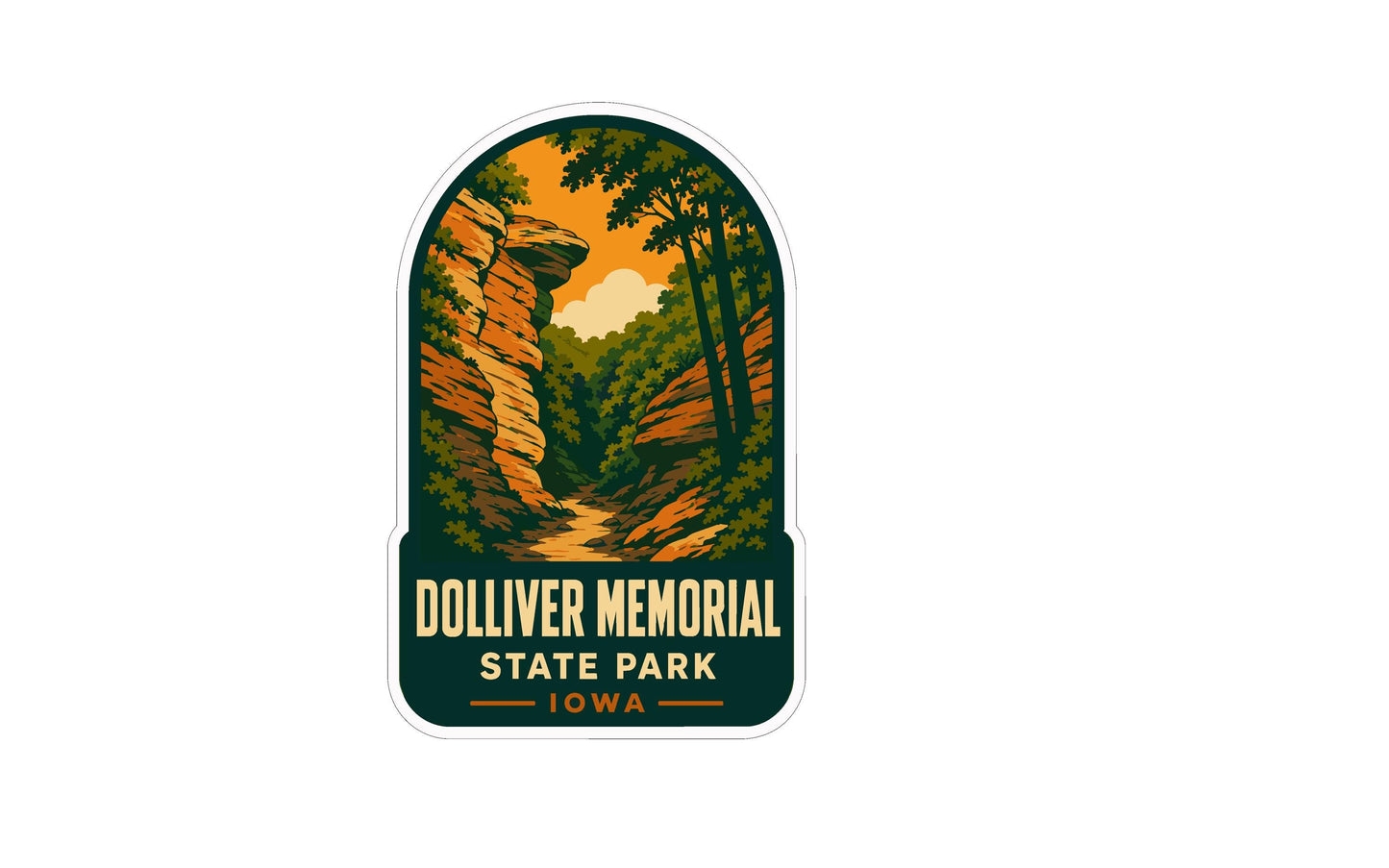 The image is a sticker or emblem featuring a scenic landscape with a path leading through a forested area, with a mountain in the background.