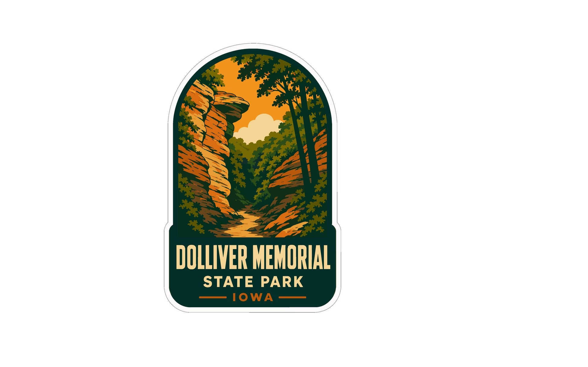 The image is a sticker or emblem featuring a scenic landscape with a path leading through a forested area, with a mountain in the background.