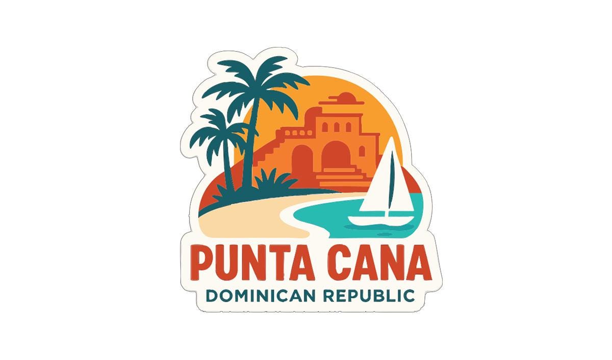 a sticker or logo for the Dominican Republic, depicting a tropical beach scene with palm trees, a sailboat, and a building in the background.