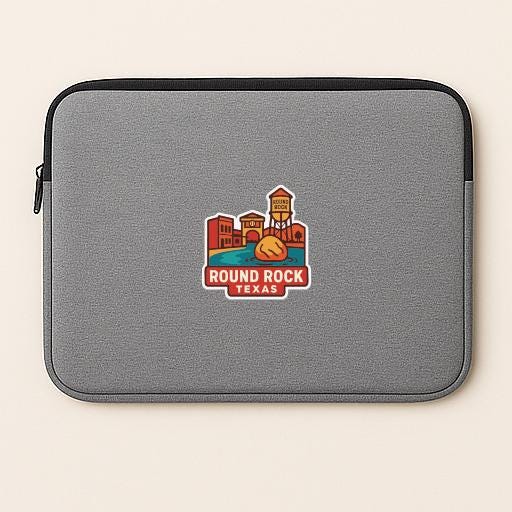 A gray laptop sleeve with a logo of Round Rock, Texas, featuring a water tower and a building.