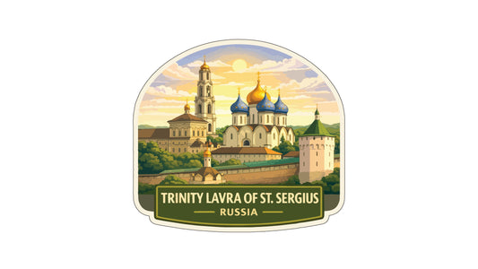 The image is a sticker or label depicting the Trinity Lavra of St. Sergius in Russia, featuring a colorful illustration of the historic landmark with domes and towers against a backdrop of a sunset sky.