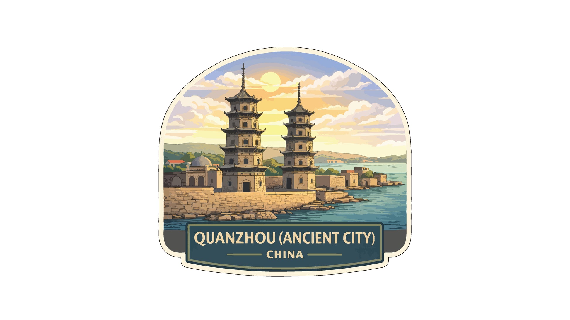 a scenic view of the ancient city of Quanzhou, China, with its distinctive pagoda-style buildings set against a backdrop of a serene body of water and a picturesque sky.