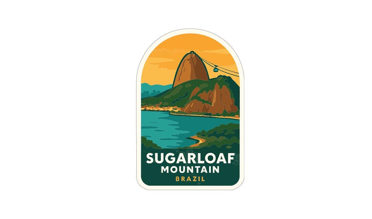 a sticker or label with an illustration of Sugarloaf Mountain in Brazil.