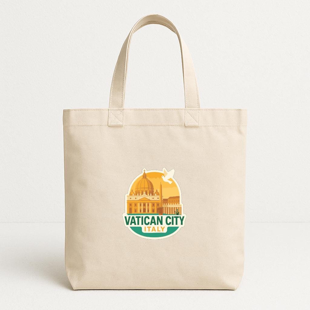A beige tote bag with a graphic design featuring the Vatican City in Italy.