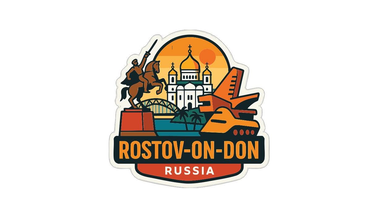 a sticker or emblem with various icons and text, including a statue, a bridge, and a building, all set against a sunset background.