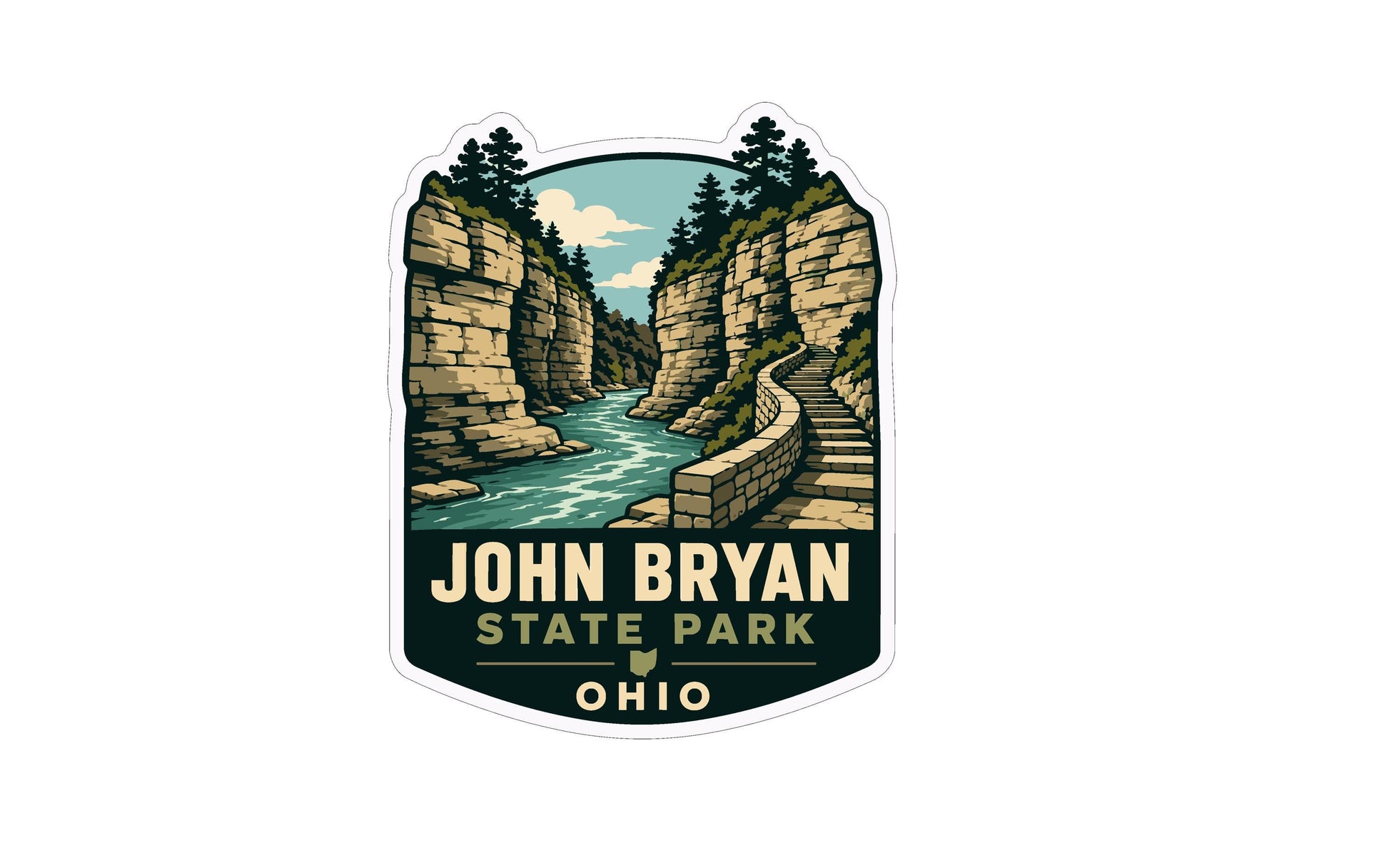 A sticker depicting a scenic landscape with a river, cliffs, and a path leading through the area.