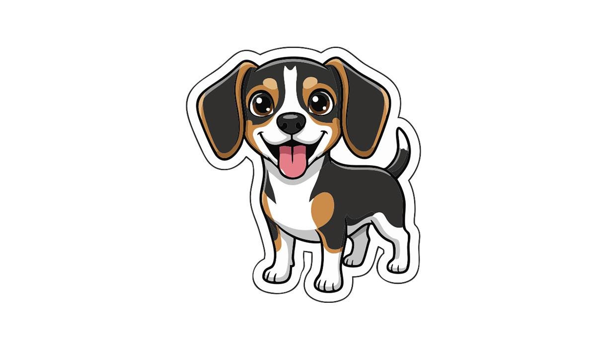 A cartoon illustration of a happy beagle dog with a friendly expression.