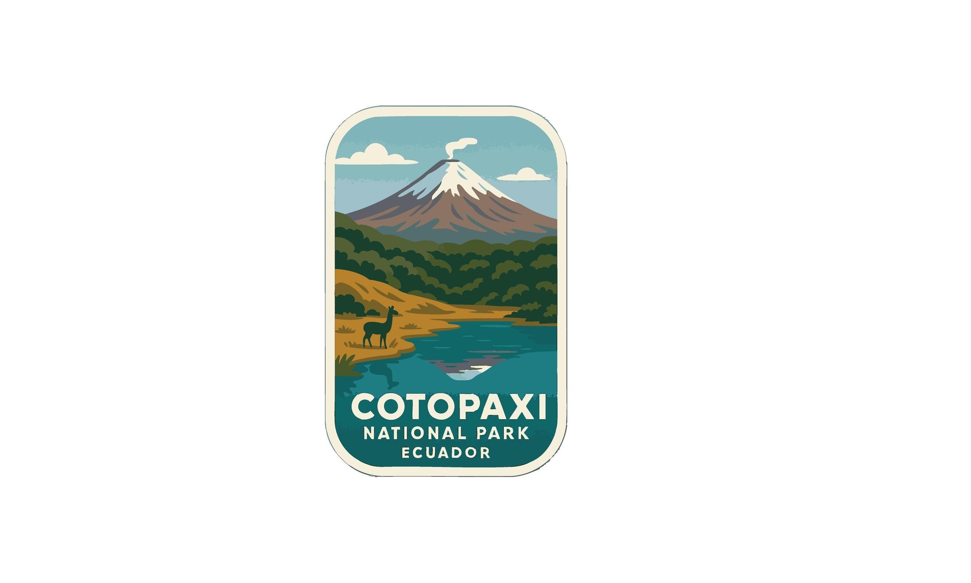a sticker or emblem with a mountain landscape and a lake, depicting a natural scene.