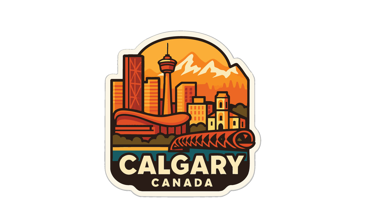 a stylized illustration of the city of Calgary, Canada, with various landmarks and buildings depicted in a vibrant, colorful style.