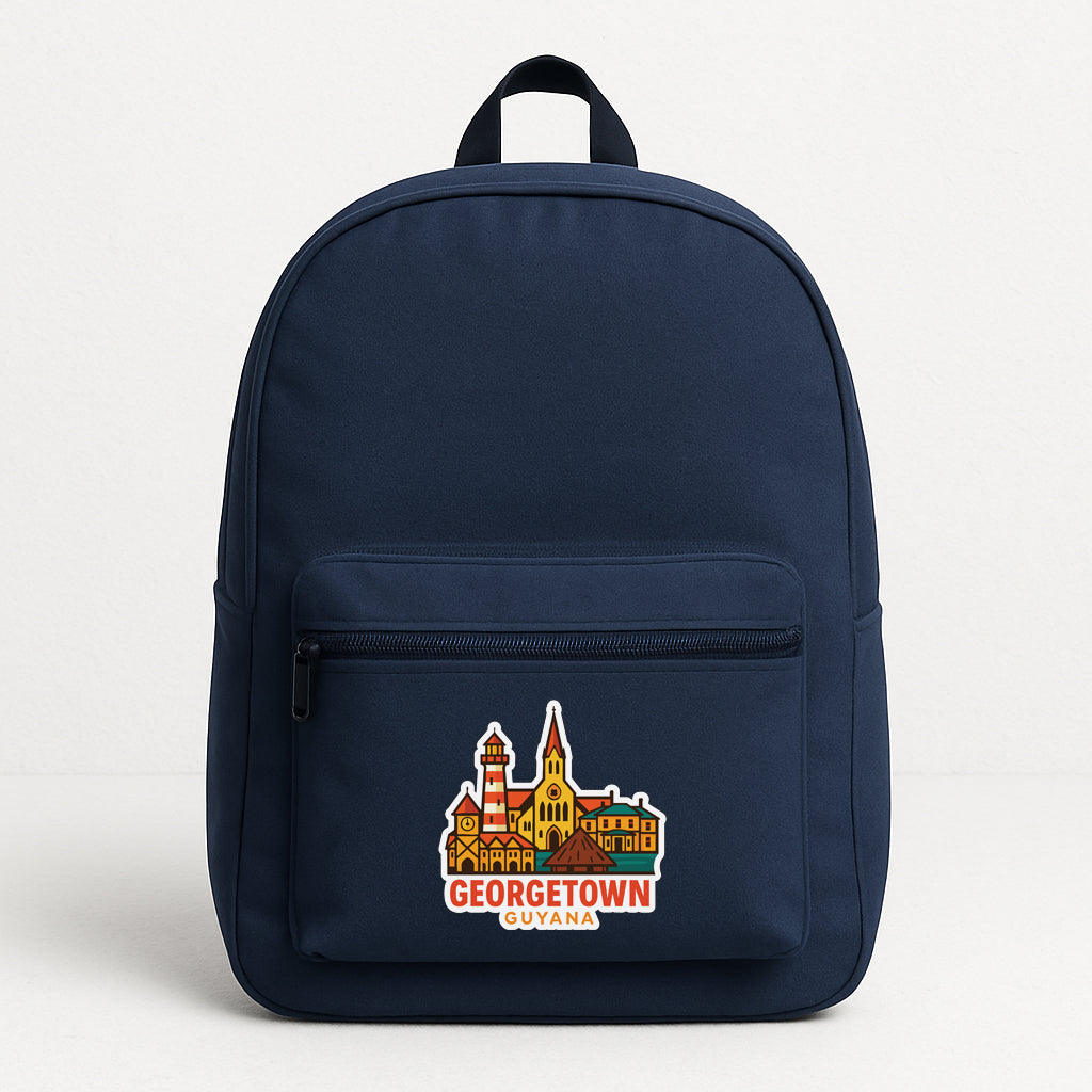 A navy blue backpack with a graphic of a city skyline and the text "GEORGETOWN GUYANA" printed on it.