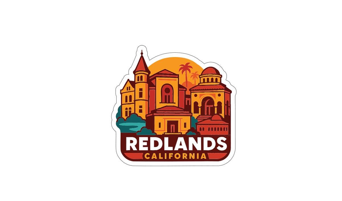 A sticker or logo depicting the city of Redlands, California, with various buildings and landmarks.