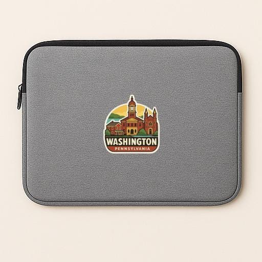 A gray laptop sleeve with a Washington, Pennsylvania state logo printed on it.