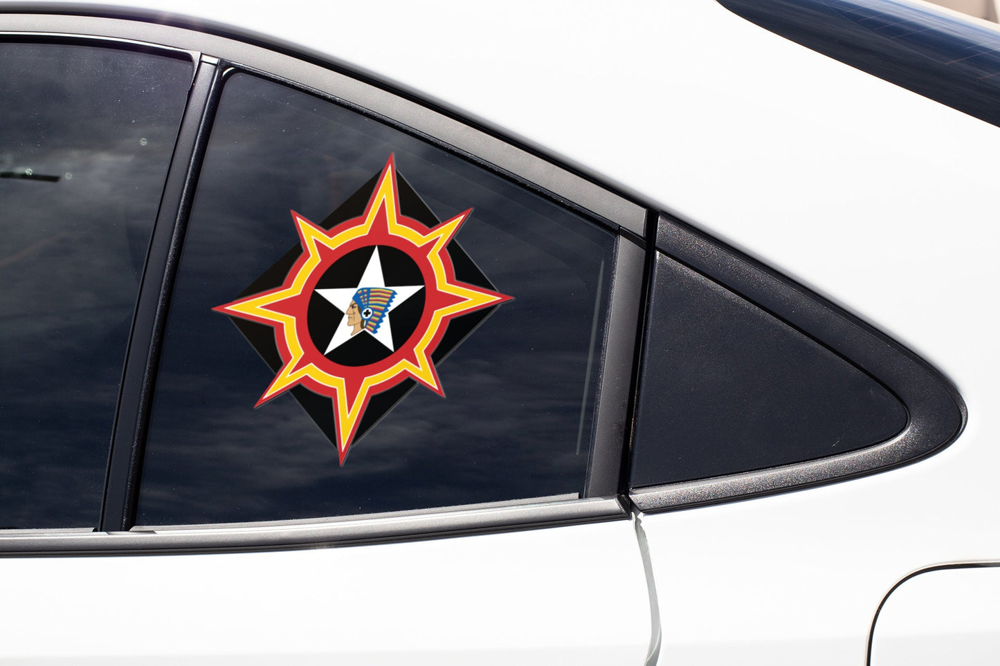 a close up of a car mirror with a star on it