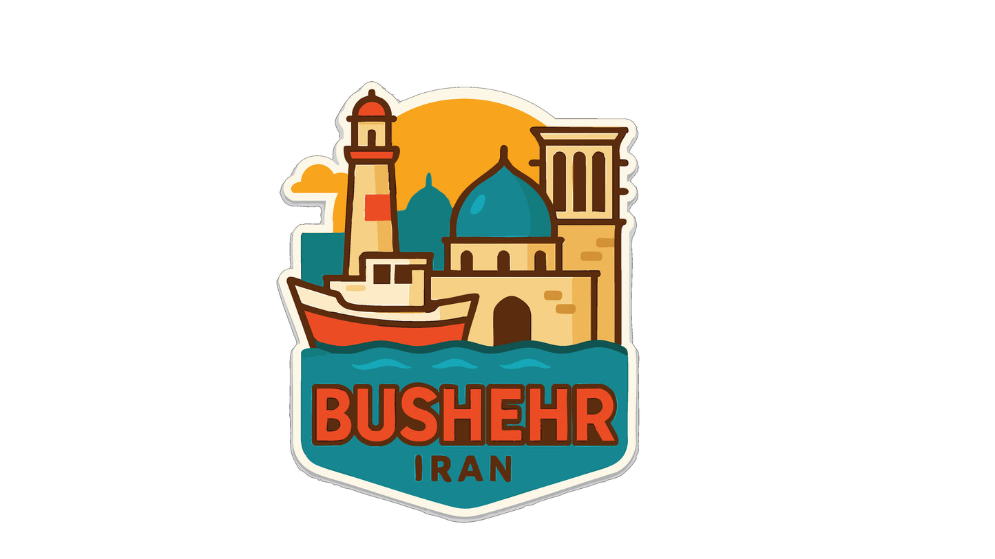 a sticker or emblem with a cityscape and a lighthouse, along with the text "BUSHEHR IRAN".
