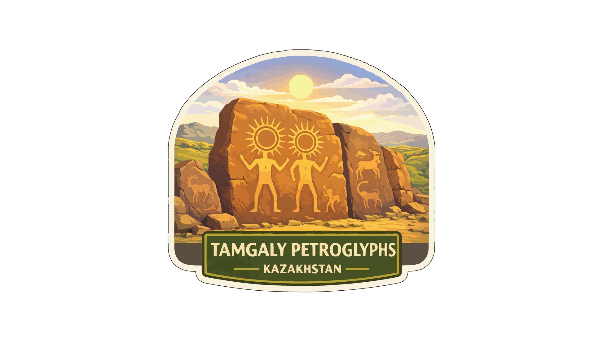 a large rock formation with ancient petroglyphs carved into it, set against a scenic landscape with mountains and a bright sun in the sky.