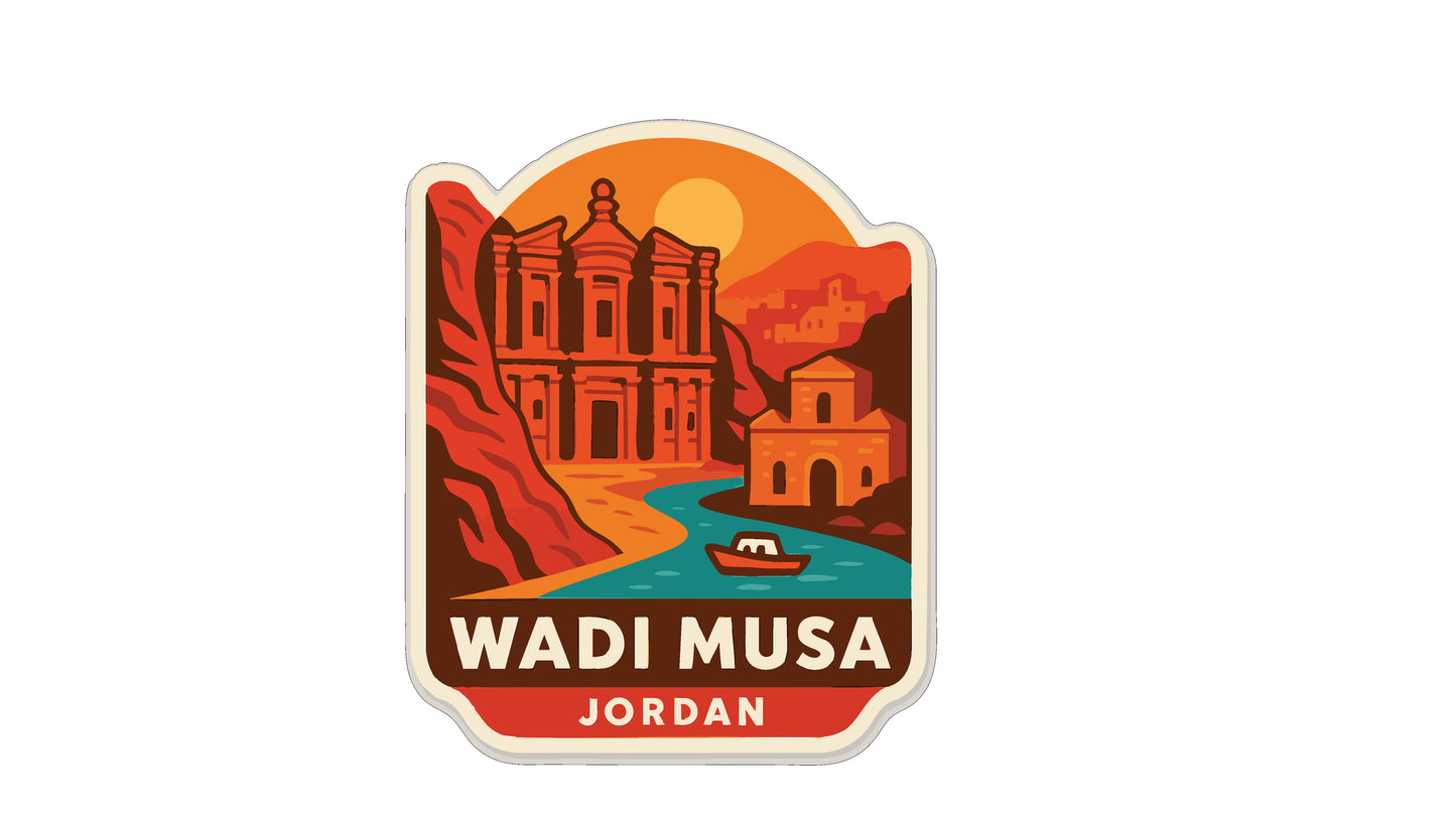 a sticker or emblem with a stylized illustration of a building, a boat, and a river. The text "Wadi Musa Jordan" is prominently displayed, indicating the location or theme of the image.