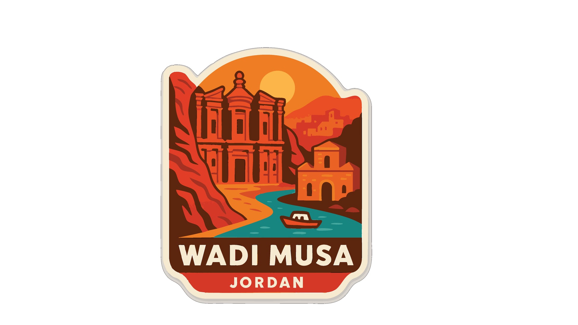 a sticker or emblem with a stylized illustration of a building, a boat, and a river. The text "Wadi Musa Jordan" is prominently displayed, indicating the location or theme of the image.