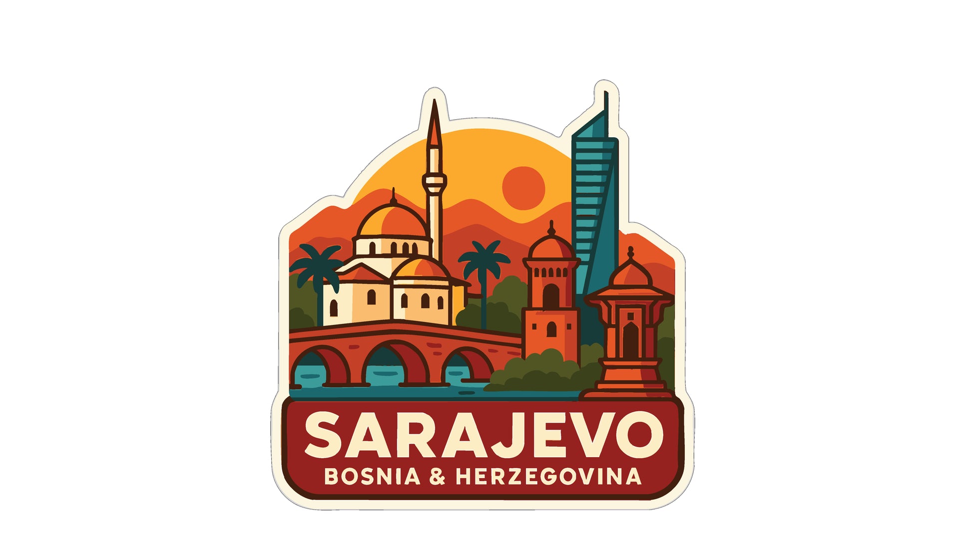 a sticker or illustration of the city of Sarajevo, Bosnia and Herzegovina, with various landmarks and buildings depicted in a stylized manner.