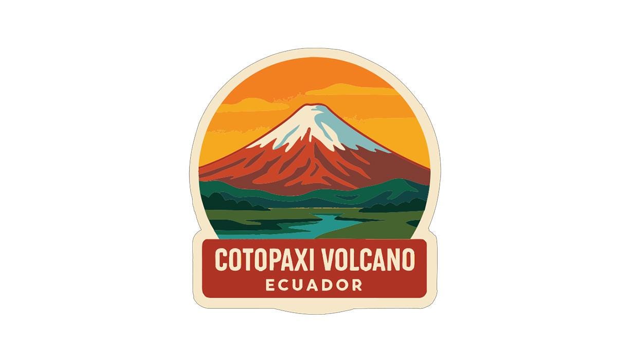 a stylized illustration of a mountain with a snow-capped peak, set against a vibrant orange and green background. Below the mountain, there is a river flowing through a lush green landscape. The text "COTOPAXI VOLCANO ECUADOR" is prominently displayed in the center of the image.