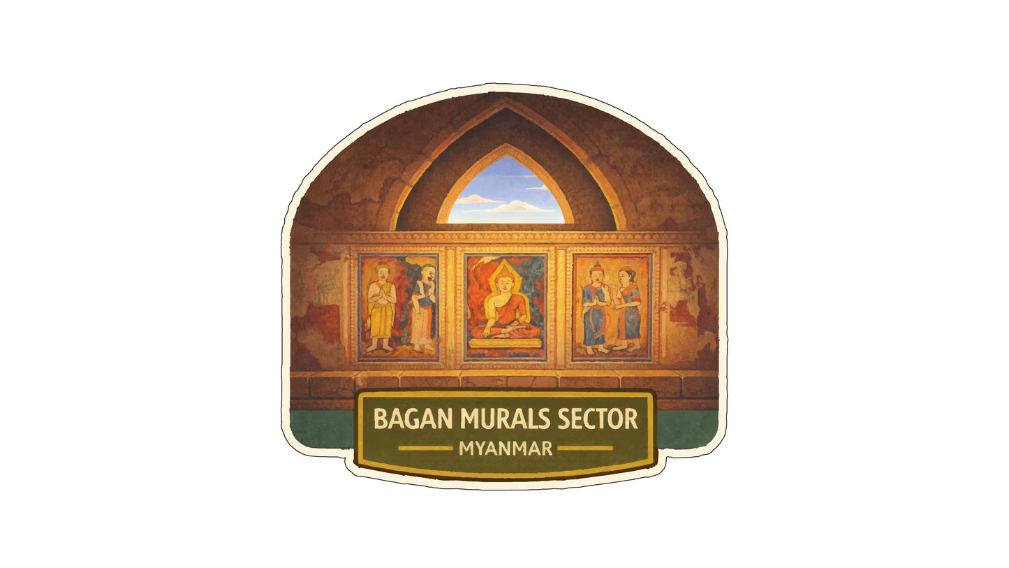 a large mural with a central archway, depicting a religious scene with figures and a Buddha. Below the mural, there is a sign that reads "Bagan MURALS SECTOR MYANMAR".