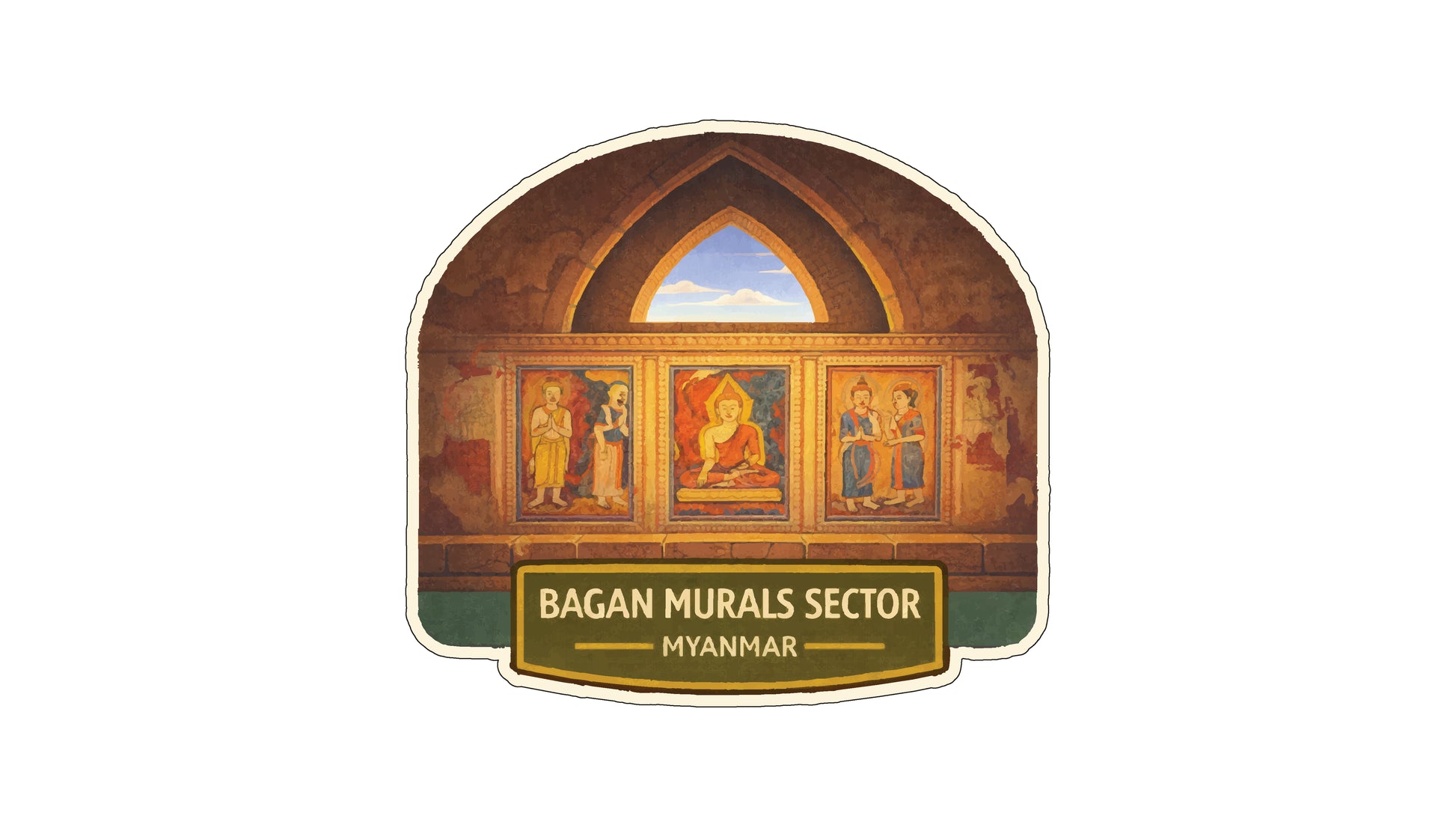a large mural with a central archway, depicting a religious scene with figures and a Buddha. Below the mural, there is a sign that reads "Bagan MURALS SECTOR MYANMAR".