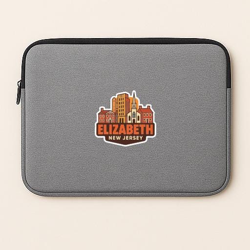 A gray laptop sleeve with a logo of a city skyline and the text "ELIZABETH NEW JERSEY" printed on it.