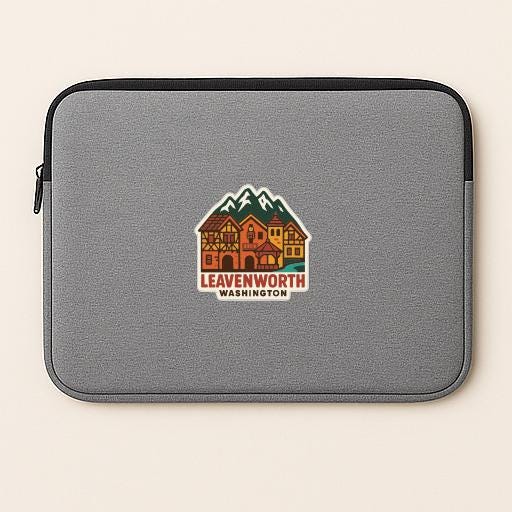 A gray laptop sleeve with a sticker of a mountain village and the text "LEAVENWORTH WASHINGTON" printed on it.