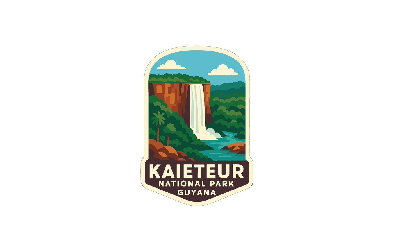 a sticker or emblem with a waterfall and lush greenery, representing the Kaiteteur National Park in Guyana.