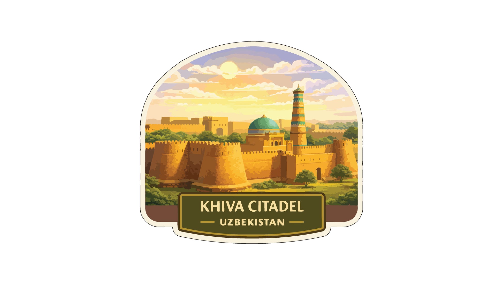 a cityscape with a prominent tower, surrounded by a large wall and a green landscape. The text "KHIVA CITADEL UZBECKISTAN" is displayed below the image.
