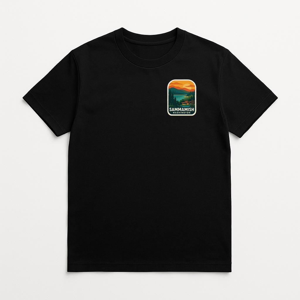 A black t-shirt with a graphic design on the left side, depicting a scenic landscape with mountains and a sunset.