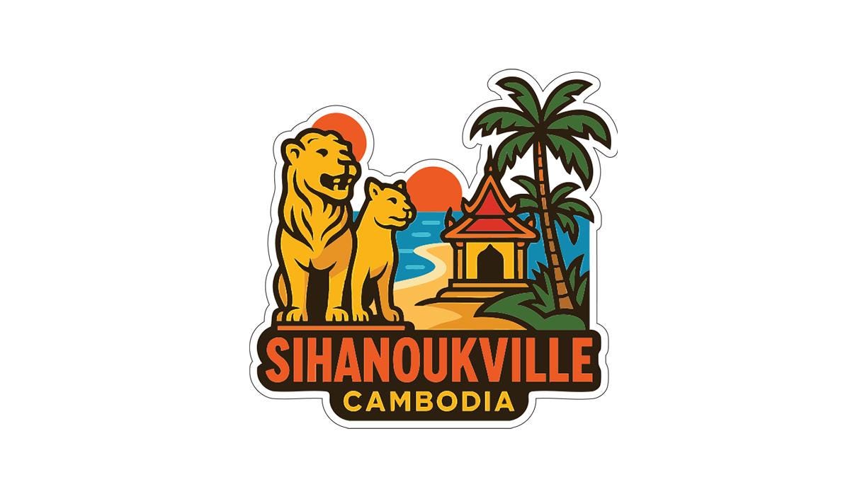 a stylized logo for Sihanoukville, Cambodia. The logo includes a lion and a palm tree, along with a temple and a beach. The text "Sihanoukville Cambodia" is prominently displayed, indicating the location and name of the place.