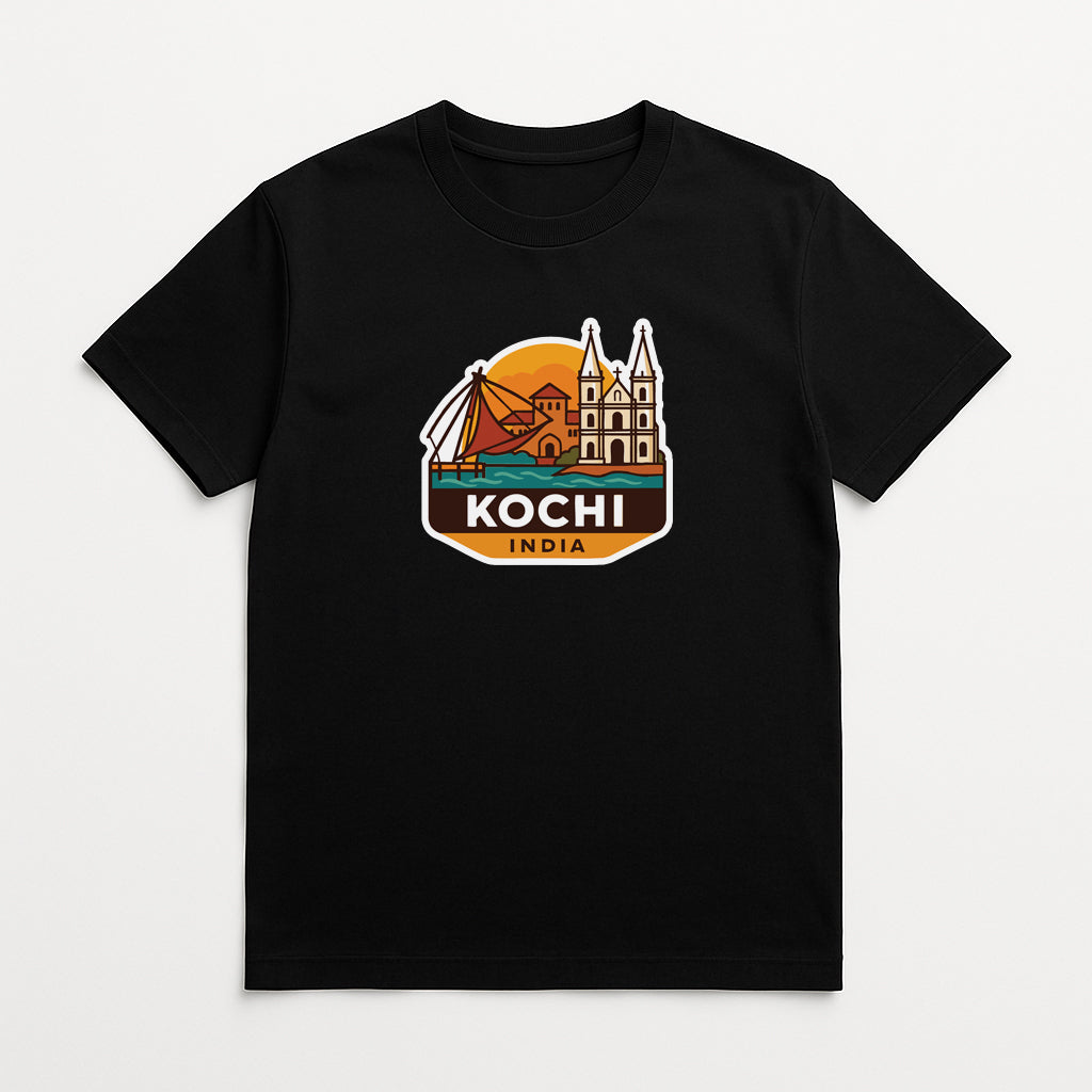 A black t-shirt with a graphic design depicting a cityscape and the text "Kochi India" printed on it.