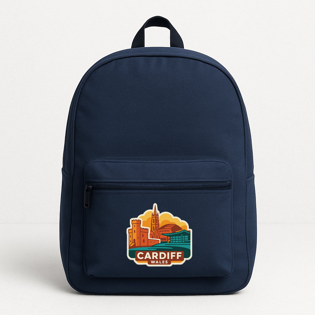 A navy blue backpack with a graphic of Cardiff, Wales, printed on it.