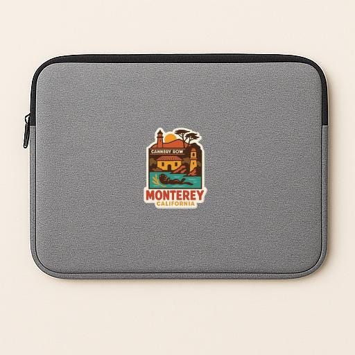 A gray laptop sleeve with a colorful graphic of a landmark, specifically Monterey, California.