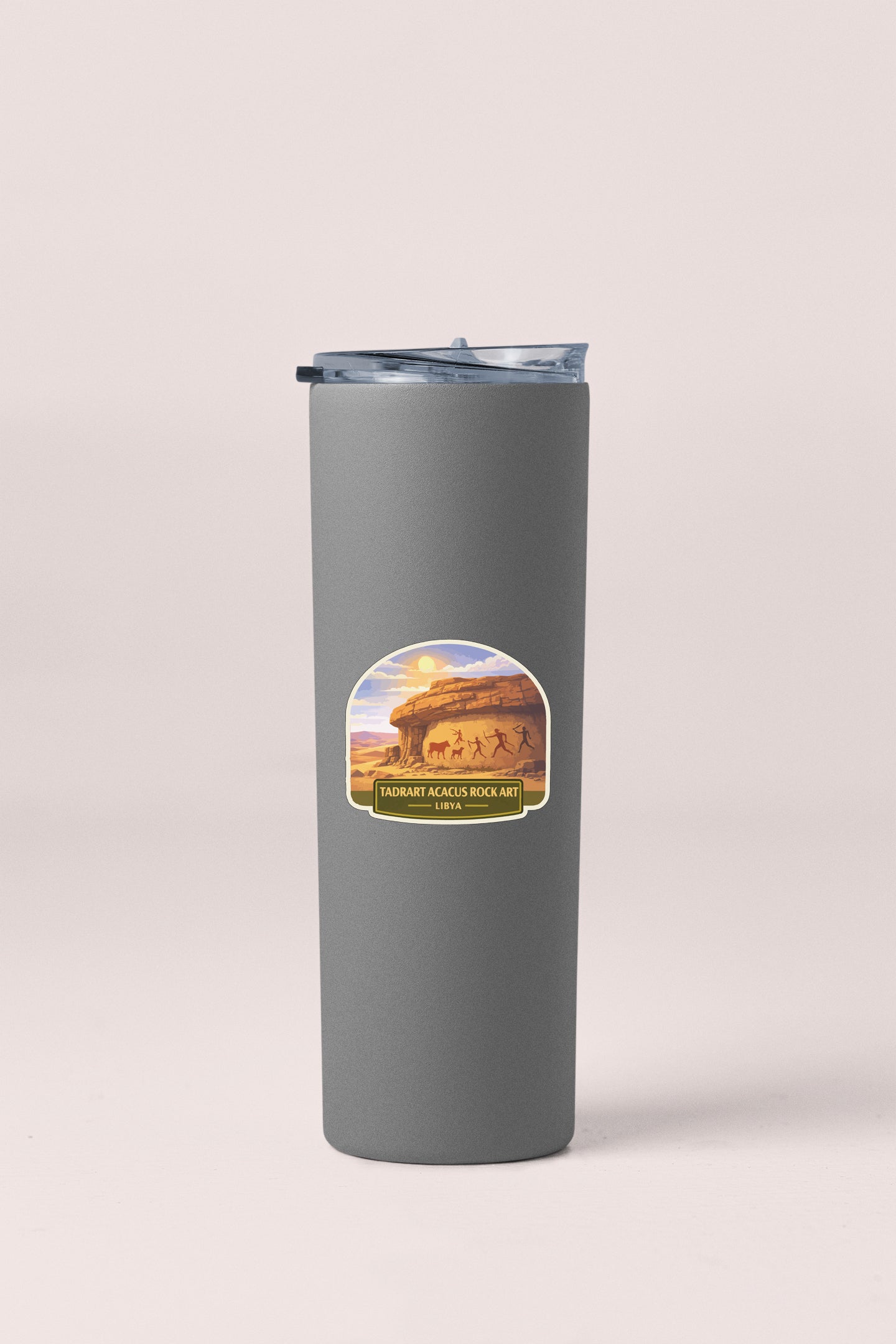 A gray insulated tumbler with a label that says "Tarrant Acacia Rock Art" and "Leba".