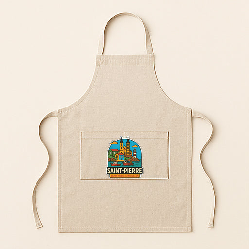 A beige apricot with a graphic of Saint-Pierre, the capital city of the French Republic, printed on it.