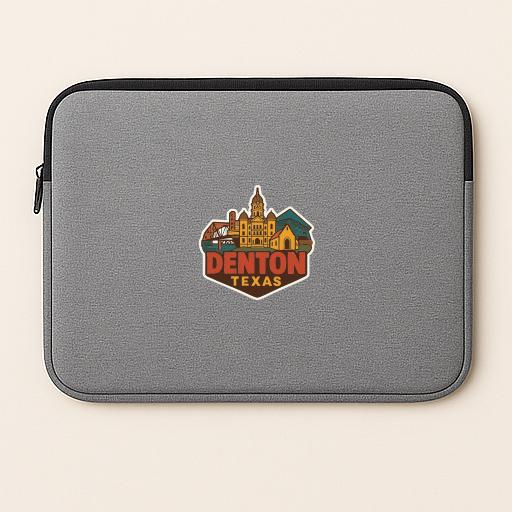 A gray laptop sleeve with a graphic of a city skyline and the text "Denton, Texas" printed on it.