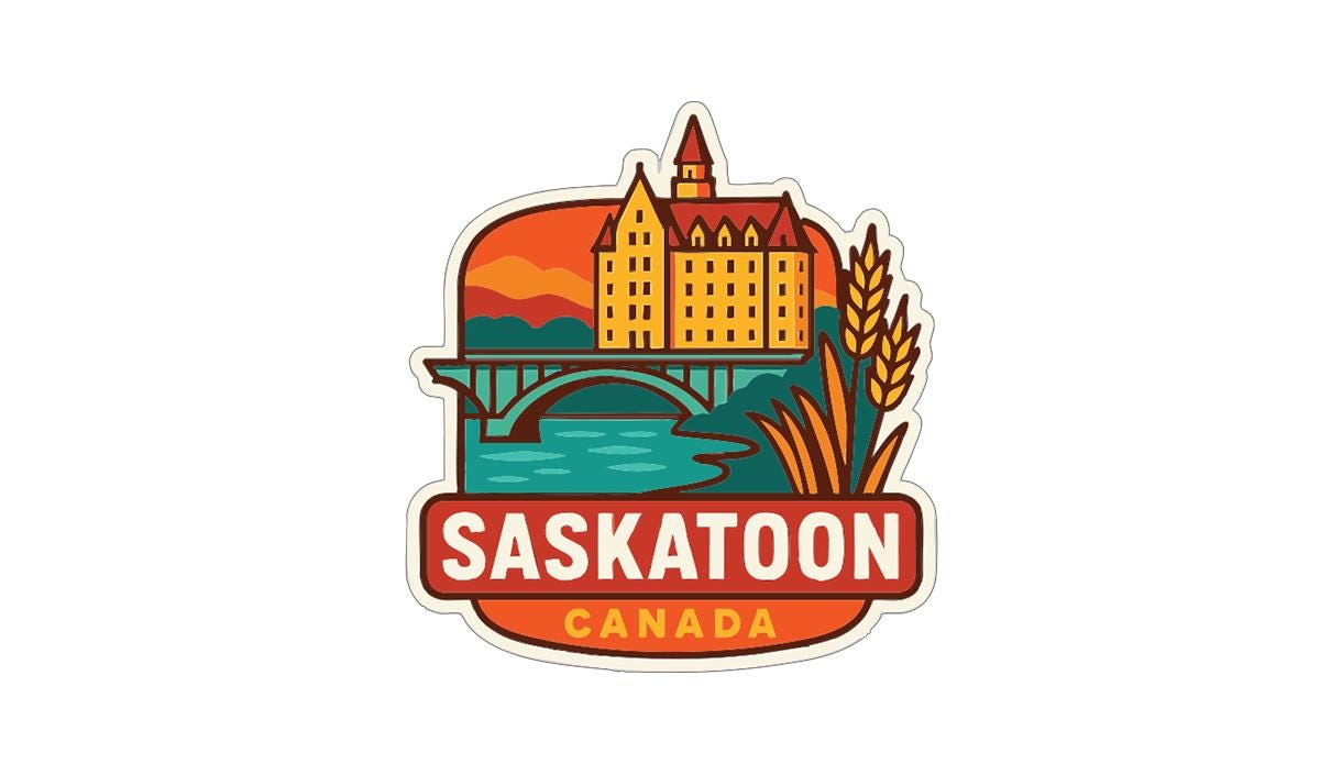 A colorful sticker or emblem featuring the city of Saskatoon, Canada, with a castle, bridge, and wheat fields in the background.