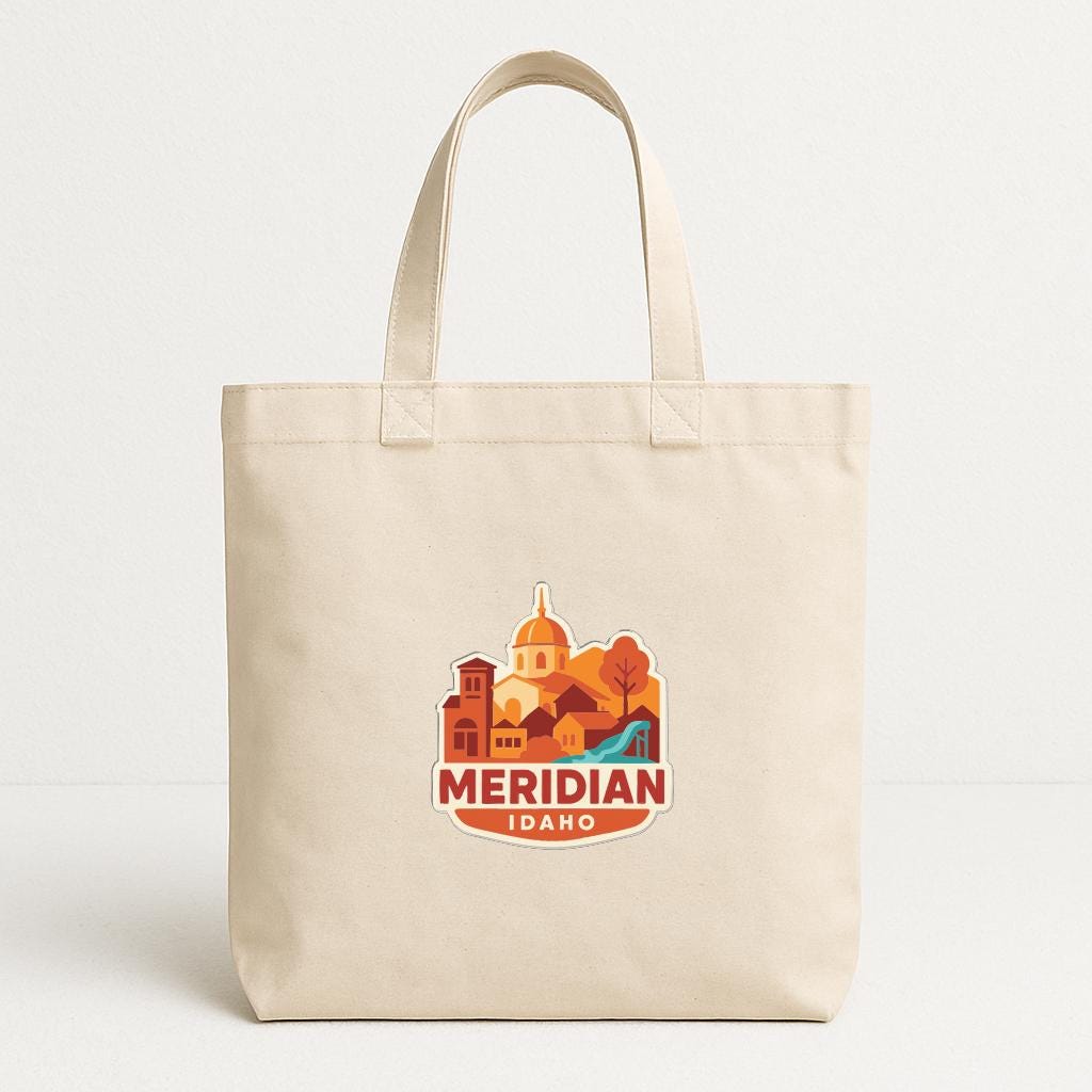 A beige tote bag with a graphic design featuring a cityscape and the text "MERIDIAN IDAHO" printed on it.