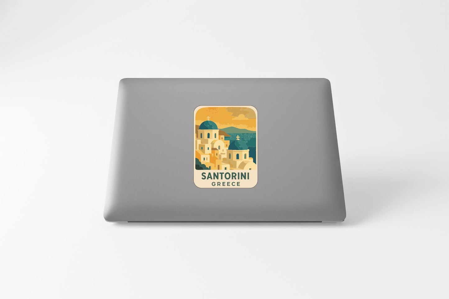 a sticker of Santorini, Greece, which is a popular tourist destination in Greece.