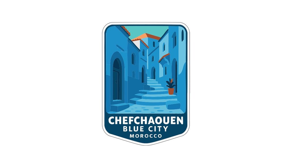 a blue city street with a building and a plant, and the text "CHEFCHAQEN BLUE CITY MOROCCO" is displayed below the illustration.