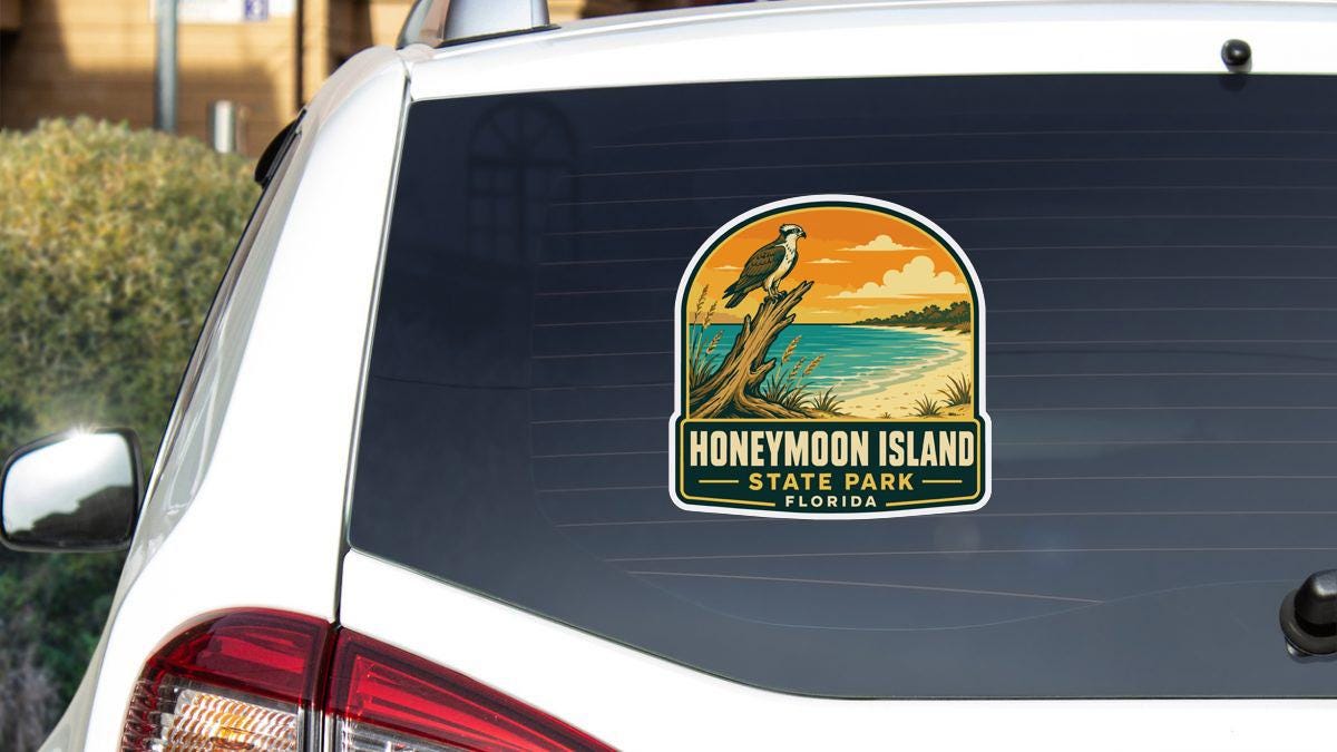 A sticker on the rear window of a white car, depicting a scenic landscape with a bird perched on a tree branch.