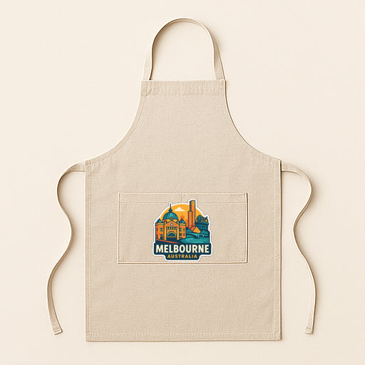 A beige apricot with a graphic of Melbourne, Australia on it.