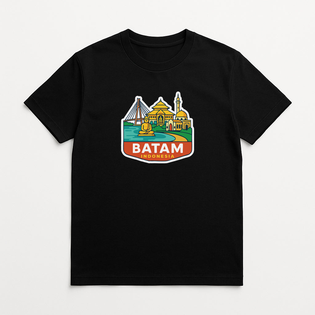A black t-shirt with a colorful graphic design depicting a city skyline, including a prominent temple or mosque.