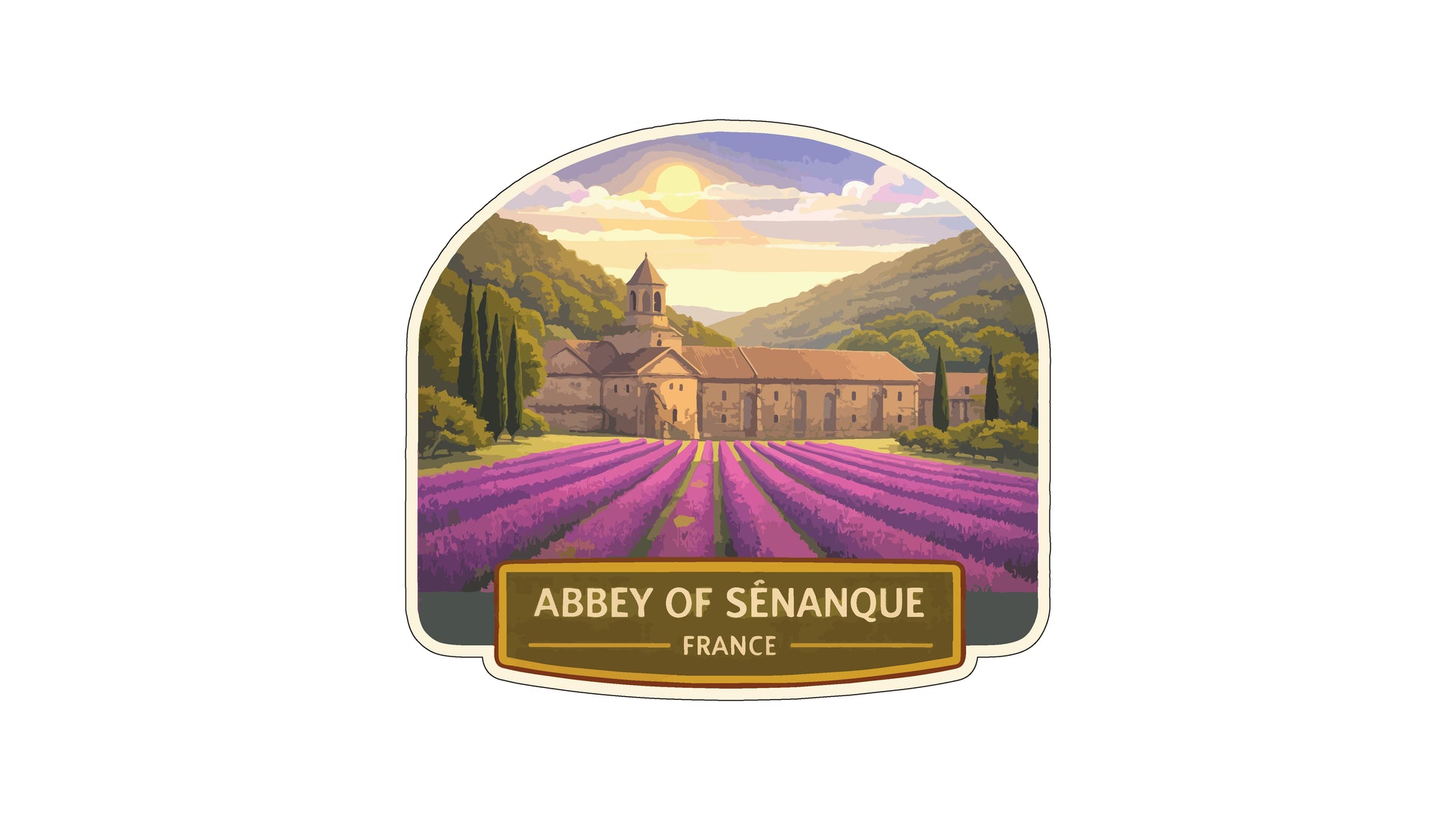 a large, multi-story building with a tower, surrounded by a field of purple flowers. The sky above is filled with clouds, and the sun is shining brightly. The text "ABBEY OF SENANQUE FRANCE" is displayed prominently in the image.